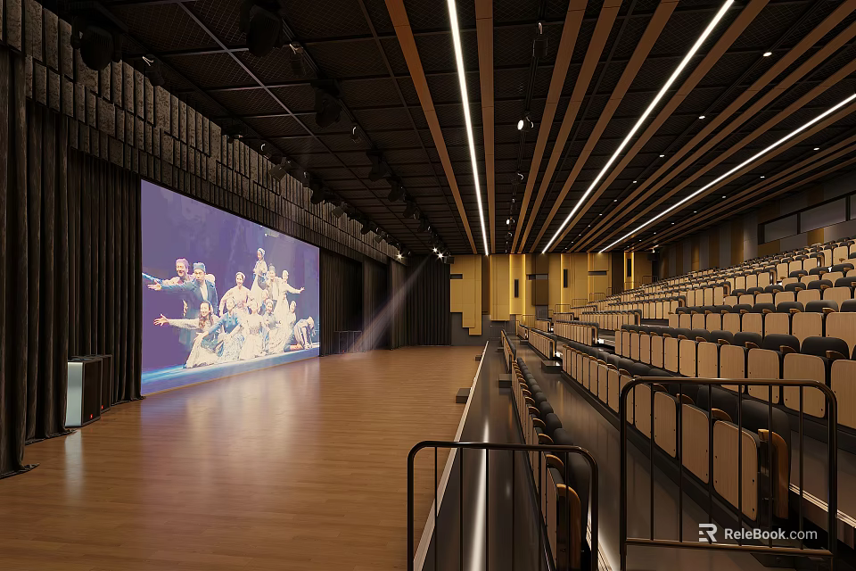Modern Theater Auditorium With Large Screen Wooden Floor And Rows Of Seats 3d model 