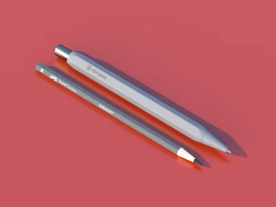 Grey Daily Use Pens With Sharpener Automatic Pencil And Stylo Metal Pen On Red Background 3d model