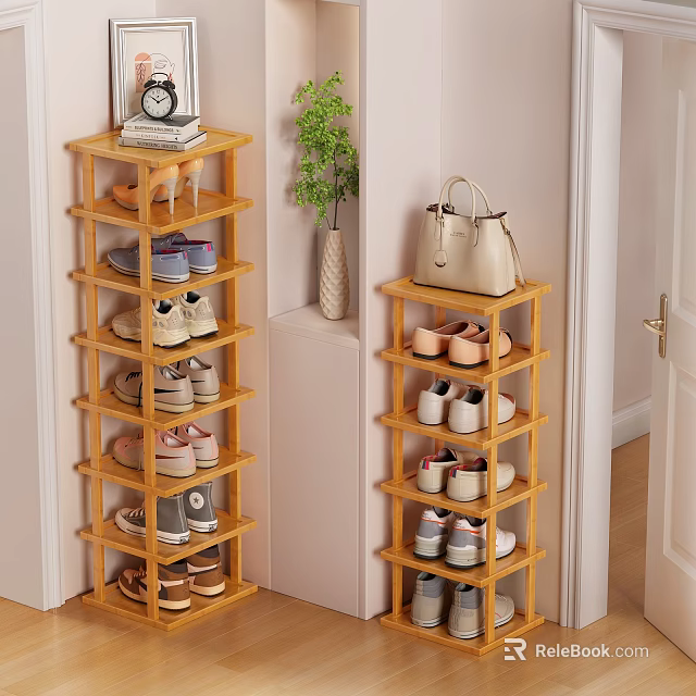 Wooden Shoe Rack With Multiple Shelves For Shoes Storage Alarm Clock Plant And Handbag 3d model 