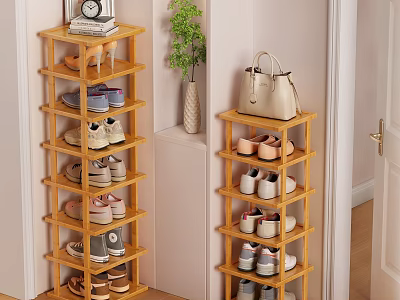 Wooden Shoe Rack With Multiple Shelves For Shoes Storage Alarm Clock Plant And Handbag 3d model