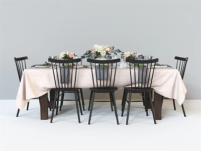 Elegant Dining Table Set with Light Colored Tablecloth Black Chairs and Flower Bouquet 3d model