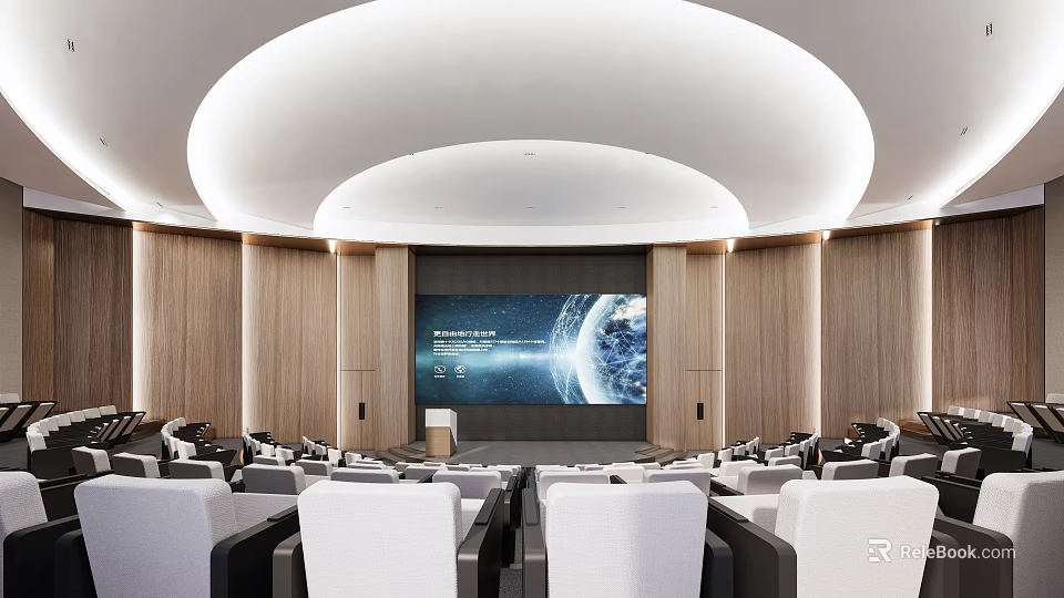 Modern Conference Room with Circular Ceiling Wooden Walls Large Screen Earth Display White Seats Podium 3d model 