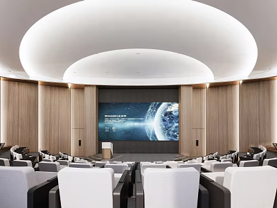 Modern Conference Room with Circular Ceiling Wooden Walls Large Screen Earth Display White Seats Podium 3d model