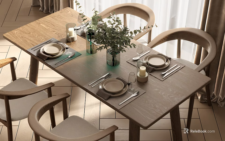 Modern Light Wooden Dining Table Set With Beige Chairs Green Plants Candles And Tableware 3d model 