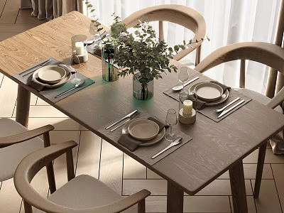 Modern Light Wooden Dining Table Set With Beige Chairs Green Plants Candles And Tableware 3d model