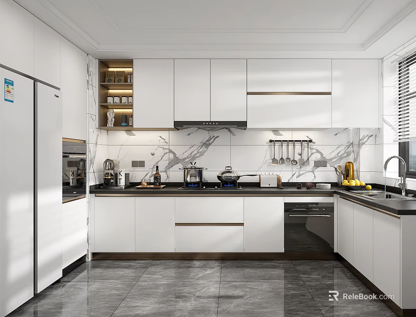 Modern Kitchen Interior Design With Marble Island White Cabinets And Appliances 3d model