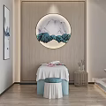 Serene SPA Sauna Room With Wooden Decor Round Landscape Painting Massage Bed And Bathtub