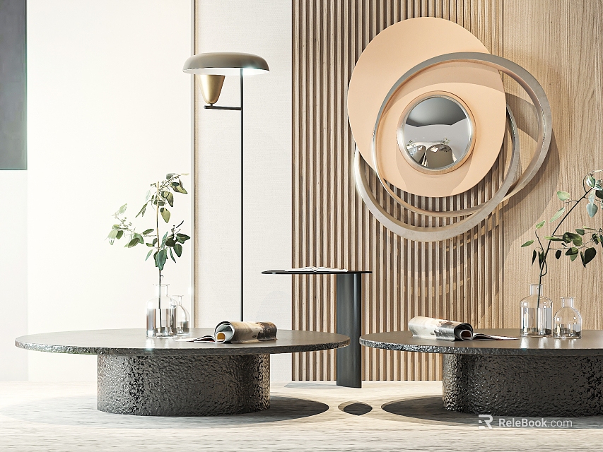 Modern Coffee Tables With Decorative Items And Potted Plants Near Circular Wall Mirror 3d model 