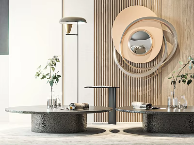 Modern Coffee Tables With Decorative Items And Potted Plants Near Circular Wall Mirror 3d model