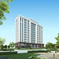 Modern High Rise Building Exterior With Landscaped Gardens Green Trees And Clear Sky