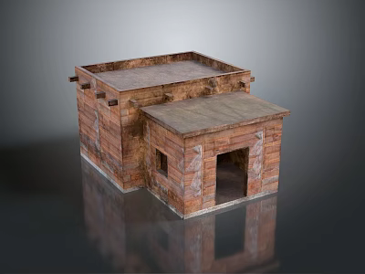 Traditional Brick Building Design With Sloped Roof Wooden Door And Small Window 3d model