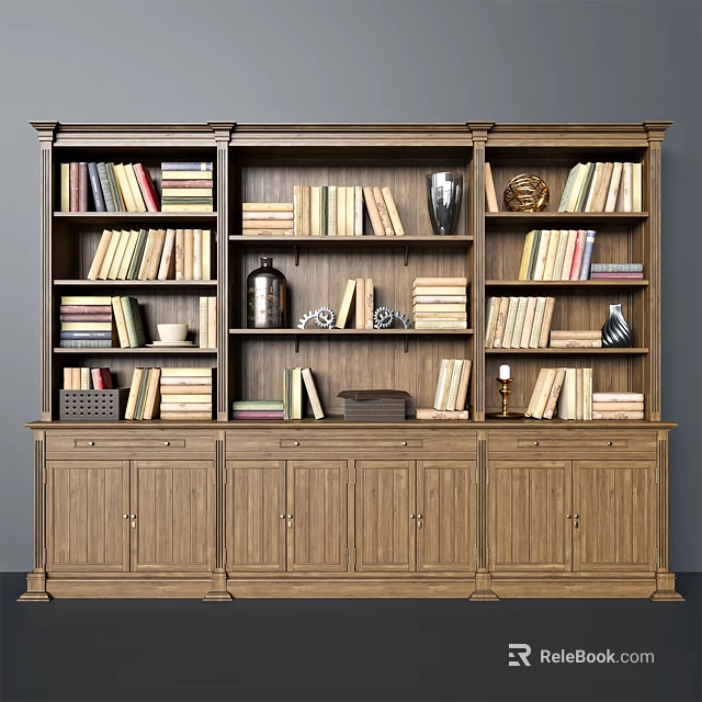 Traditional Wooden Bookshelf Cabinet With Multiple Shelves Books Vases Ornaments And Storage Drawers 3d model 