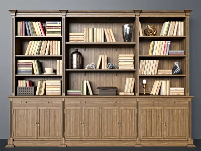 Traditional Wooden Bookshelf Cabinet With Multiple Shelves Books Vases Ornaments And Storage Drawers 3d model