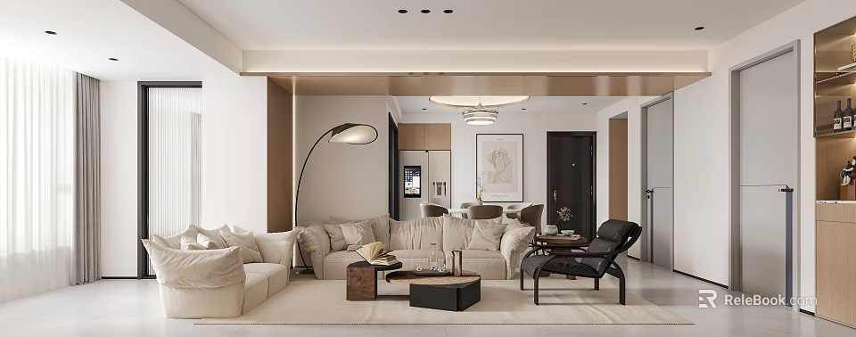 Modern Living And Dining Room Interior With Beige Sofa Coffee Tables And Pendant Light 3d model 