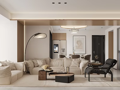 Modern Living And Dining Room Interior With Beige Sofa Coffee Tables And Pendant Light 3d model