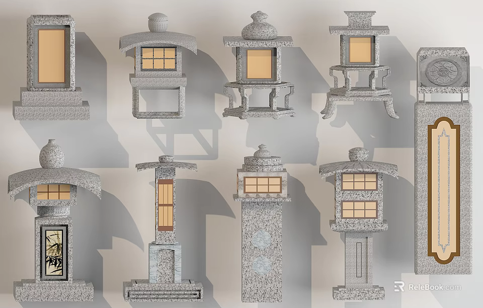 Traditional Stone Outdoor Lamps With Various Decorative Designs And Classic Shapes 3d model 