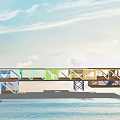 Colorful Container Industrial Equipment Overwater Structure with Metal Frame Support and Blue Sky Background