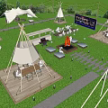 Scenic Glamping Campground With Tipi Tents String Lights Stone Path And Sunset Sky
