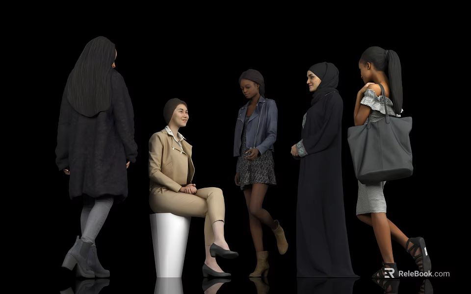 Group of Women With Headscarves in Various Outfits Seated and Standing Against Black Background 3d model 
