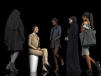 Group of Women With Headscarves in Various Outfits Seated and Standing Against Black Background 3d model