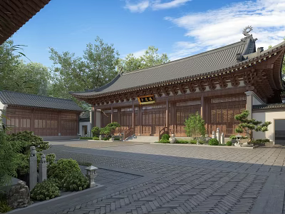 Ancient Chinese Architecture Main Hall With Traditional Roof Wooden Structure And Courtyard Green Plants 3d model