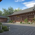 Ancient Chinese Architecture Main Hall With Traditional Roof Wooden Structure And Courtyard Green Plants