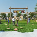 Wooden Playground Equipment With Tower Slide Green Grass And Trees In Outdoor Area