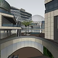 Modern Commercial Street With Green Roof Central Fountain And Landscaped Walkways