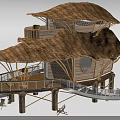 Tropical Garden Landscape With Thatched Roof Wooden Structure Multi Level Balcony Slide And Deck Chairs