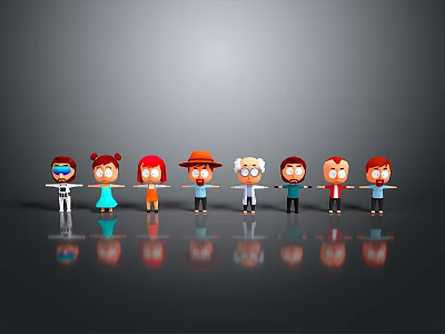 Row of Cartoon Characters with Different Hairstyles Clothing Accessories Grey Background Reflections 3d model