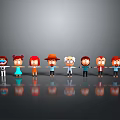 Row of Cartoon Characters with Different Hairstyles Clothing Accessories Grey Background Reflections