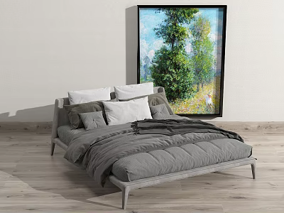 Modern Double Bed Bedroom Interior With Gray Pillows Comforter And Green Tree Painting 3d model