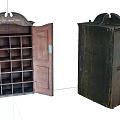 Vintage Wooden Cabinet With Open Door And Grid Compartment Shelves