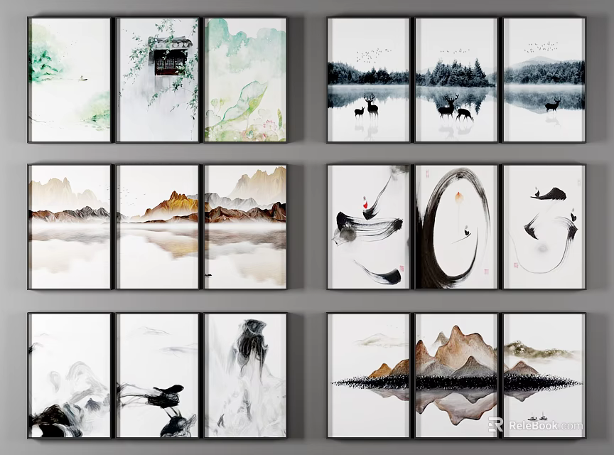 Chinese Ink Painting Wall Art With Multi Panel Landscape And Natural Elements 3d model