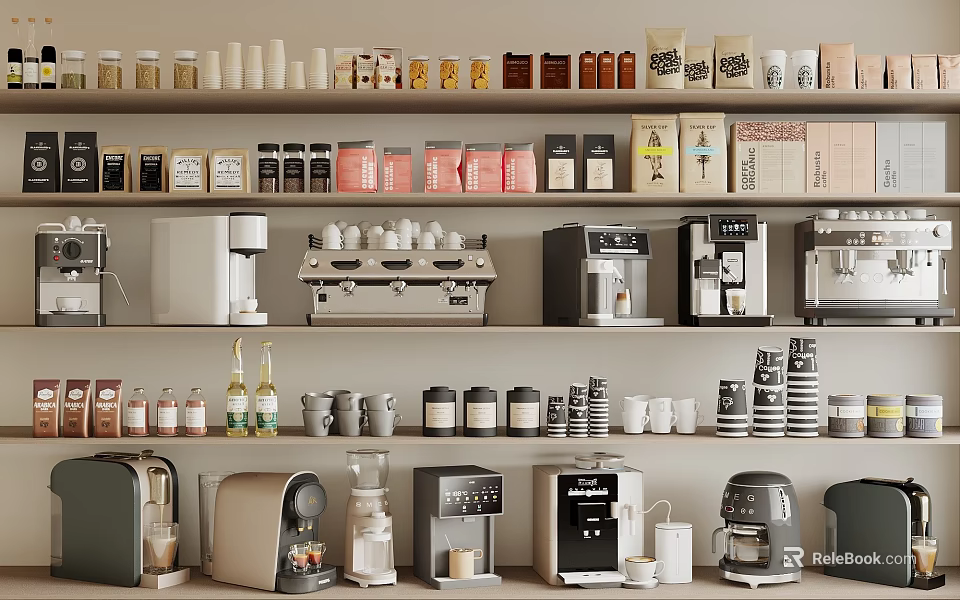 Modern Kitchen Appliances Display With Espresso Machines Coffee Makers And Storage Jars On Shelf 3d model 