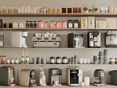 Modern Kitchen Appliances Display With Espresso Machines Coffee Makers And Storage Jars On Shelf 3d model