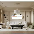 Elegant Modern Living Room Interior With Beige Paneled Walls White Sofa Framed Paintings And Chandelier