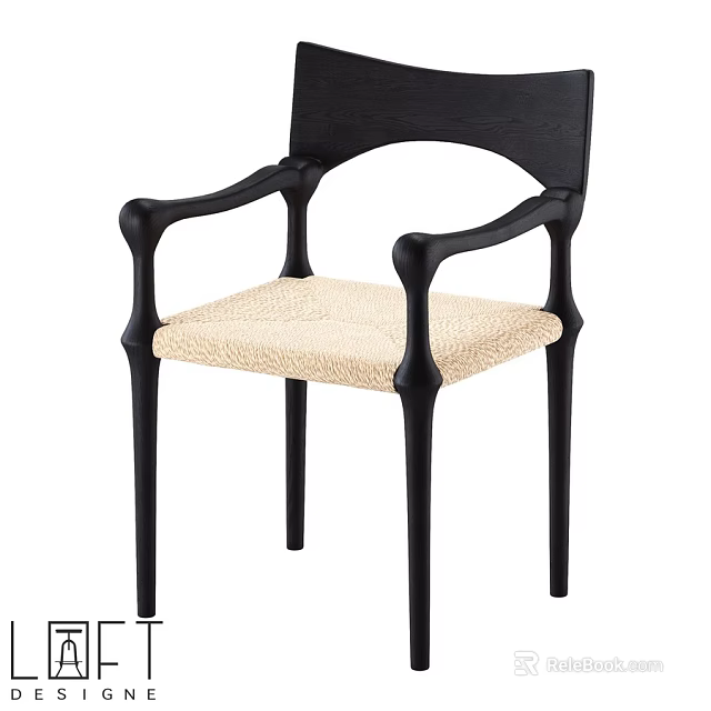 Modern Single Chair With Black Wooden Frame Beige Upholstered Seat And Armrests 3d model 