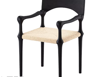 Modern Single Chair With Black Wooden Frame Beige Upholstered Seat And Armrests 3d model