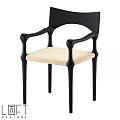 Modern Single Chair With Black Wooden Frame Beige Upholstered Seat And Armrests