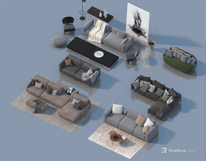 Modern Sofa And Coffee Table Set With Various Styles Pillows And Rugs 3d model