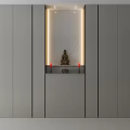 Gray Buddhist Shrine Cabinet With Marble Background Buddha Statue Red Candles And Lighting
