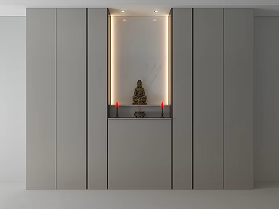 Gray Buddhist Shrine Cabinet With Marble Background Buddha Statue Red Candles And Lighting 3d model