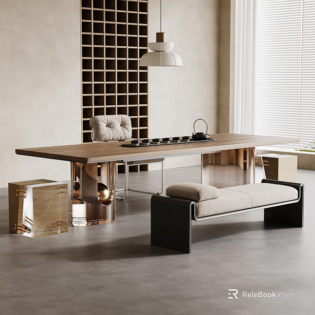 Modern Tea Table With Wooden Top Metal Frame And Bench In Interior Design 3d model 