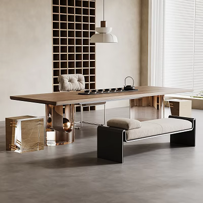Modern Tea Table With Wooden Top Metal Frame And Bench In Interior Design 3d model