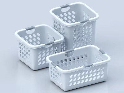 Three Gray Storage Baskets With Perforated Dot Design And Handles 3d model