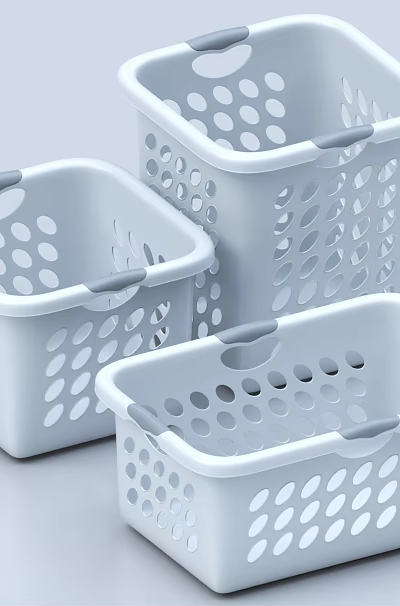 Three Gray Storage Baskets With Perforated Dot Design And Handles 3d model Three Gray Storage Baskets With Perforated Dot Design And Handles 3d model