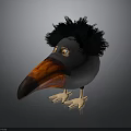 Cartoon Bird With Fluffy Black Hair Orange Beak Yellow Eyes And Claws