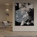 Modern Abstract Painting With Blue White Circular Patterns And Black Textured Brushstrokes