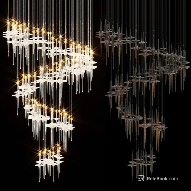 Modern Geometric Chandelier with White Silver Shades Gold Lighting Long Slender Pendants and Black Background 3d model 